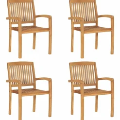 Maison Exclusive Tables Et Chaises De Jardin | - Chaises de jardin empilables avec coussins lot de 4 teck solide