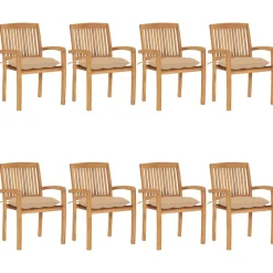Maison Exclusive Tables Et Chaises De Jardin | - Chaises de jardin empilables avec coussins lot de 8 teck solide