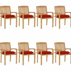 Maison Exclusive Tables Et Chaises De Jardin | - Chaises de jardin empilables avec coussins lot de 8 teck solide