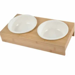 Paris Prix - Lot de 2 gamelles chien & chat "bambou" 37cm blanc Outlet