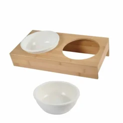 Paris Prix - Lot de 2 gamelles chien & chat "bambou" 37cm blanc Outlet