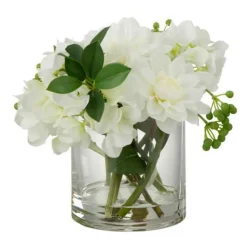 Paris Prix Vases Et Coupes | - Plante artificielle & vase "dahlia hydrangea" 21cm blanc