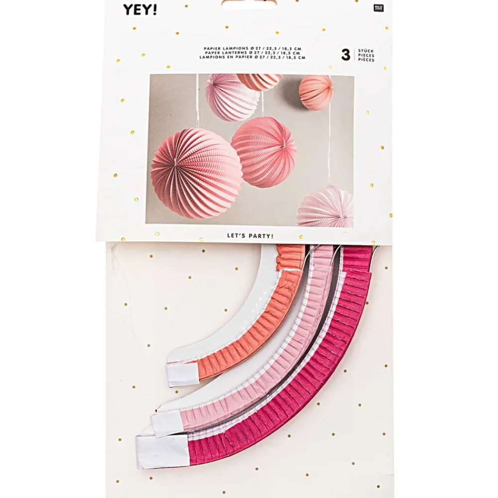 Rico Design Fête Et Anniversaire | - Lampions (x3) en papier rose D.27 cm, 22,5 cm et 18,5 cm