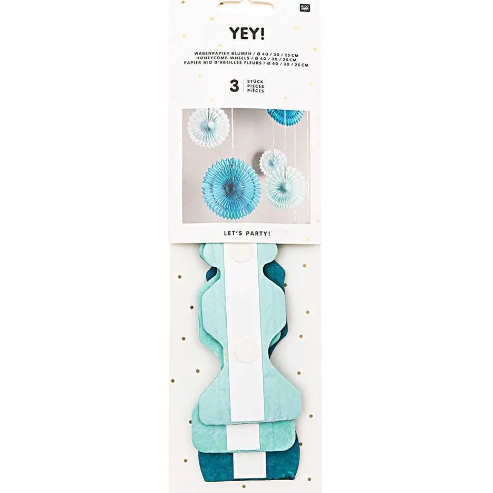 Rico Design Fête Et Anniversaire | - Papier nid abeilles fleurs aqua (x3), diamètre 40 cm, 30 cm et 25 cm