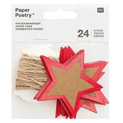 Rico Design Décoration Créative | - 24 étiquettes à suspendre étoiles kraft & rouges