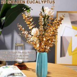 NA Plantes Artificielles | Tige de feuille d'eucalyptus artificielle dorée - or
