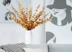 NA Plantes Artificielles | Tige de feuille d'eucalyptus artificielle dorée - or
