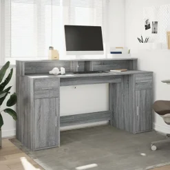 VidaXL Mercerie | - Bureau et lumières led sonoma gris 160x55x91 cm bois ingénierie