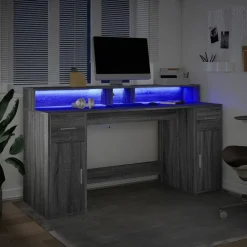 VidaXL Mercerie | - Bureau et lumières led sonoma gris 160x55x91 cm bois ingénierie
