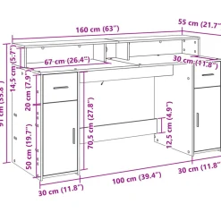 VidaXL Mercerie | - Bureau et lumières led sonoma gris 160x55x91 cm bois ingénierie