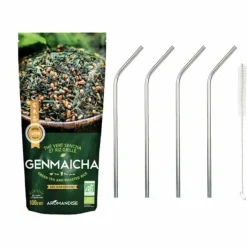 Youdoit Épicerie Gourmande | - Thé vert bio japonais genmaicha 100 g + 4 pailles en inox